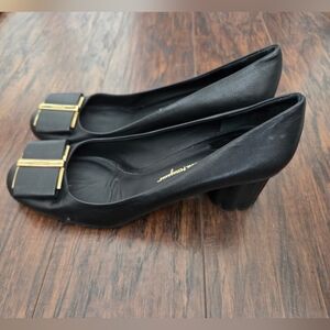 Salvatore Ferragamo Black Leather Heels with Gold Accents